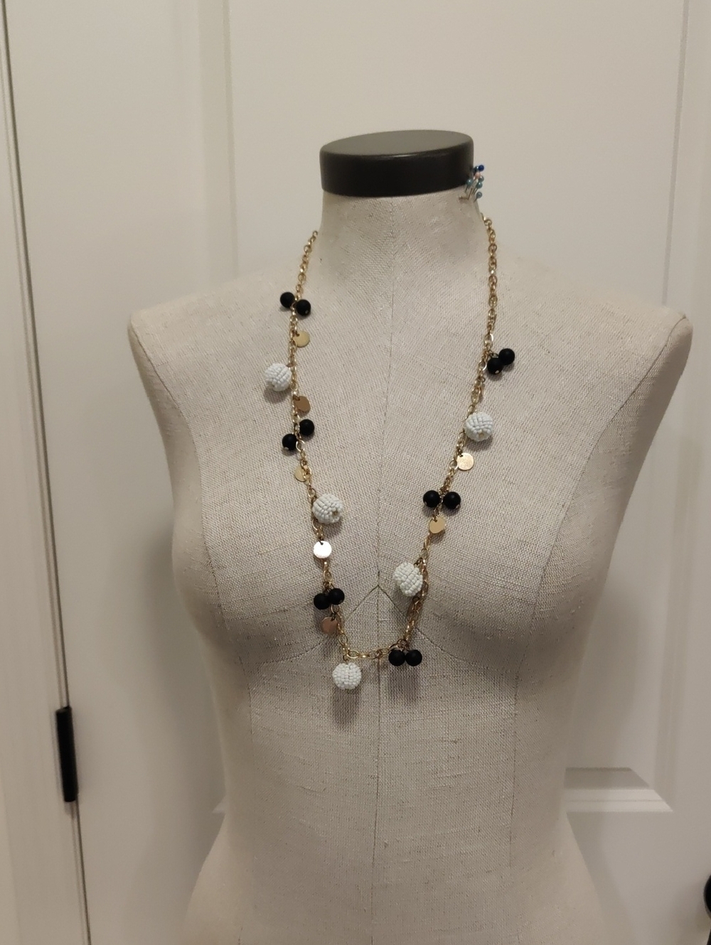 Gold-tone Chain Long Necklace with Y2K Black Beads & White Pom Pom Accents Core